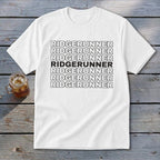 White t-shirt with "RIDGERUNNER" repeated seven times, one line in bold.