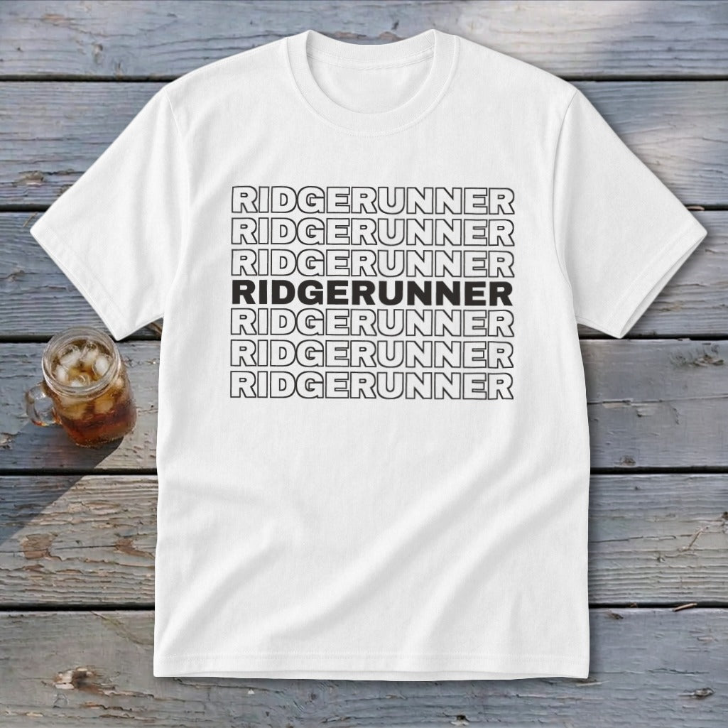 White t-shirt with "RIDGERUNNER" repeated seven times, one line in bold.