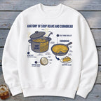 Illustration of soup beans in a pot and cornbread in a skillet with labels.