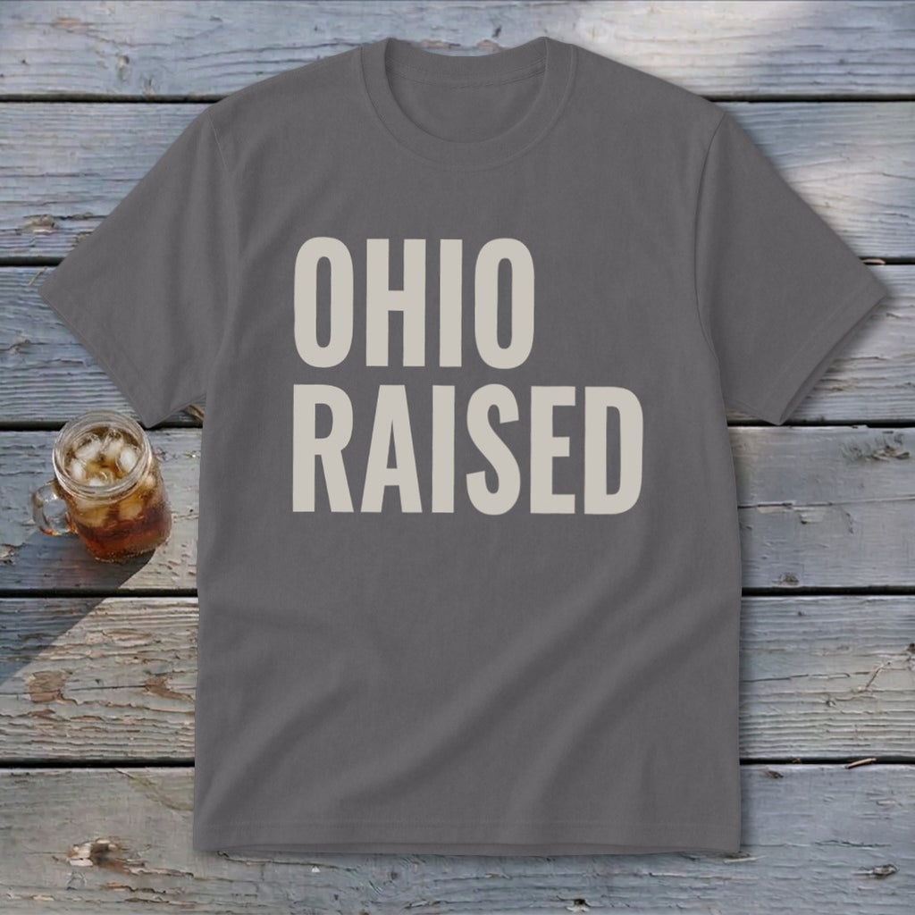 Grey t-shirt with "OHIO RAISED" printed in beige text.