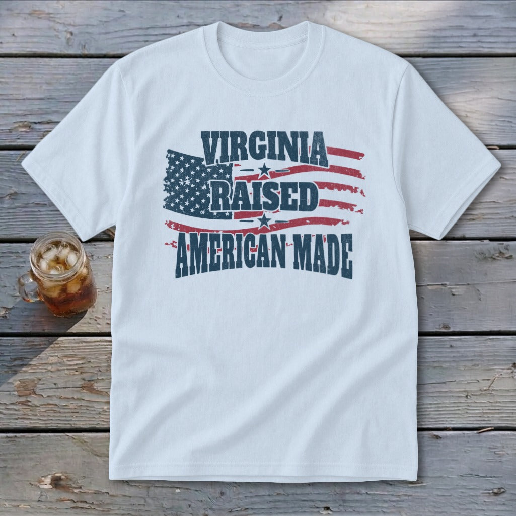 White t-shirt with "Virginia Raised American Made" text and distressed US flag graphic.