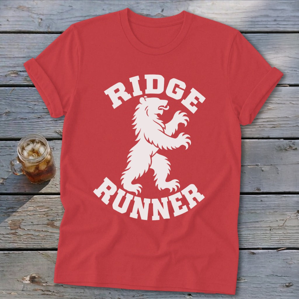 Red t-shirt with white bear graphic and text "RIDGE RUNNER".