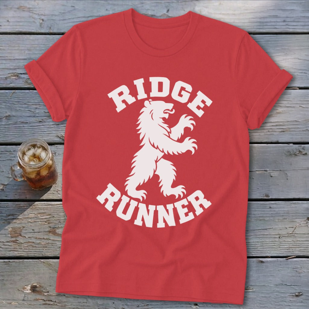 Red t-shirt with white bear graphic and text "RIDGE RUNNER".