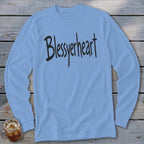 Light blue long sleeve shirt with "Blessyerheart" in black distressed text.