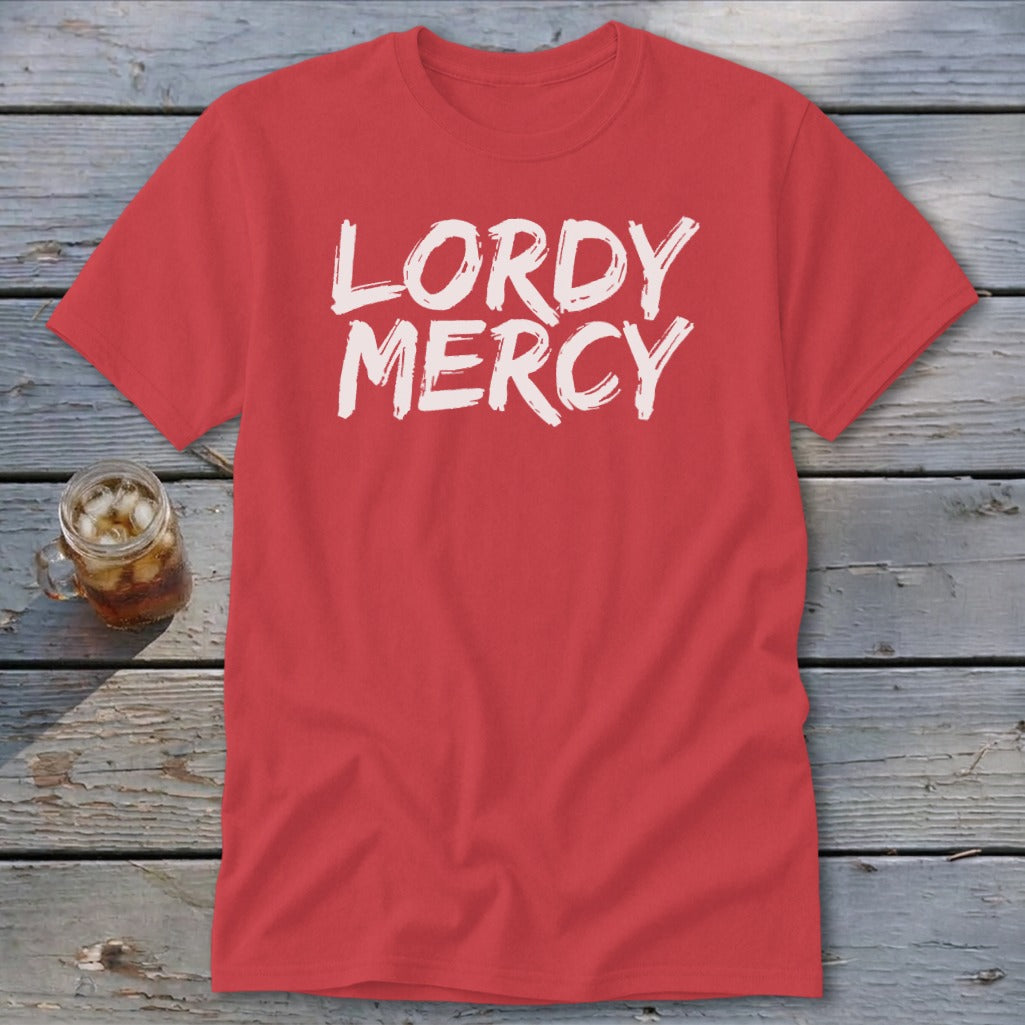 Red t-shirt with white "LORDY MERCY" text and a glass of iced beverage.
