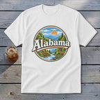 White t-shirt with "Alabama" text and a circular nature graphic.