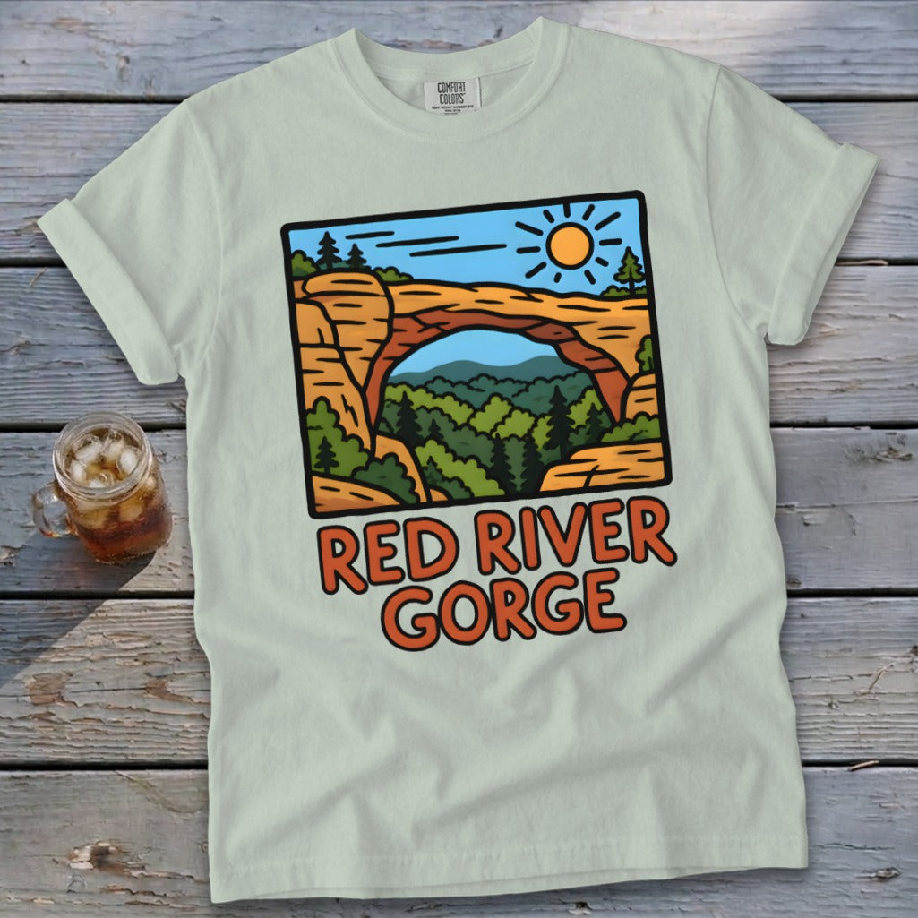 Light green t-shirt with "Red River Gorge" text and landscape graphic.