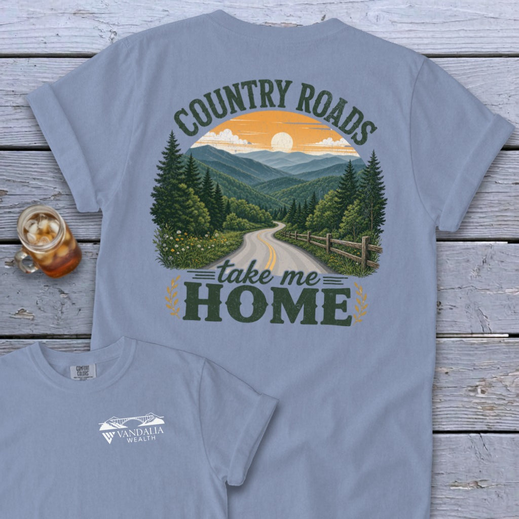 Light blue t-shirt with "COUNTRY ROADS take me HOME" graphic and Vandalia Wealth logo.