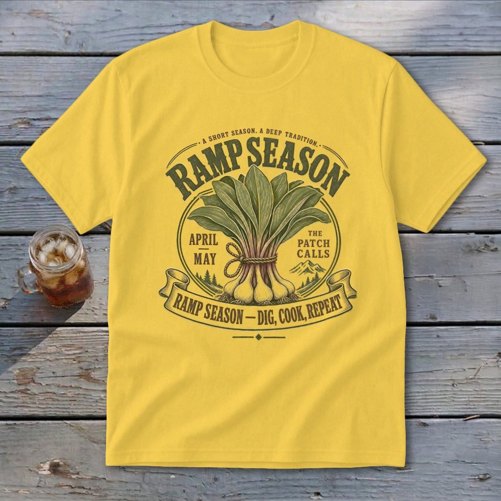 Yellow t-shirt with "Ramp Season" graphic featuring ramps and text.