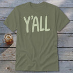 Olive green t-shirt with "Y'ALL" in light green text.