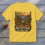 Yellow t-shirt with autumn porch scene and "Pull up a chair" text.