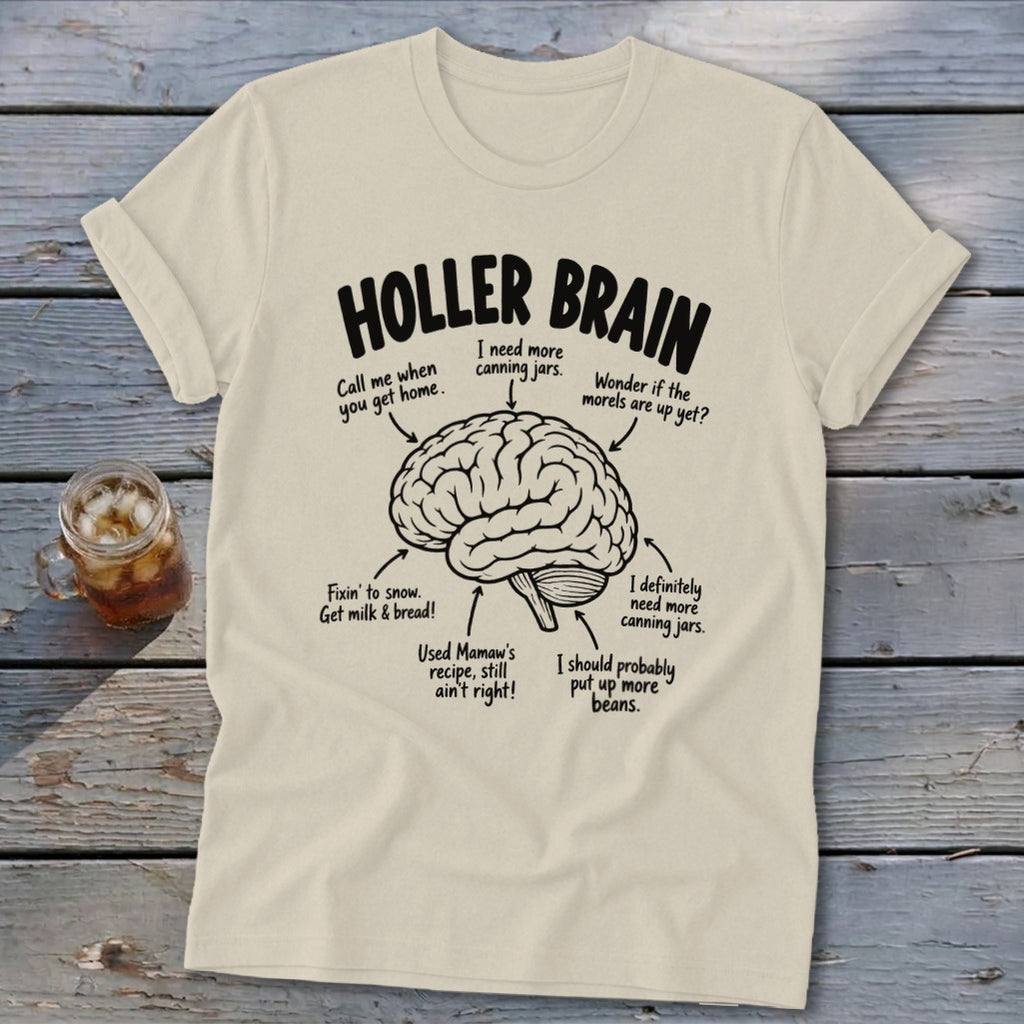 Holler Brain t-shirt with a diagram of a brain and humorous canning-related sayings.