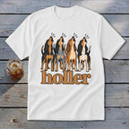 White t-shirt with cartoon dogs howling above the word "holler".