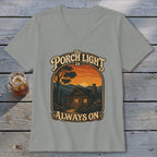Gray t-shirt with "The Porch Light is Always On" text and a cabin scene.