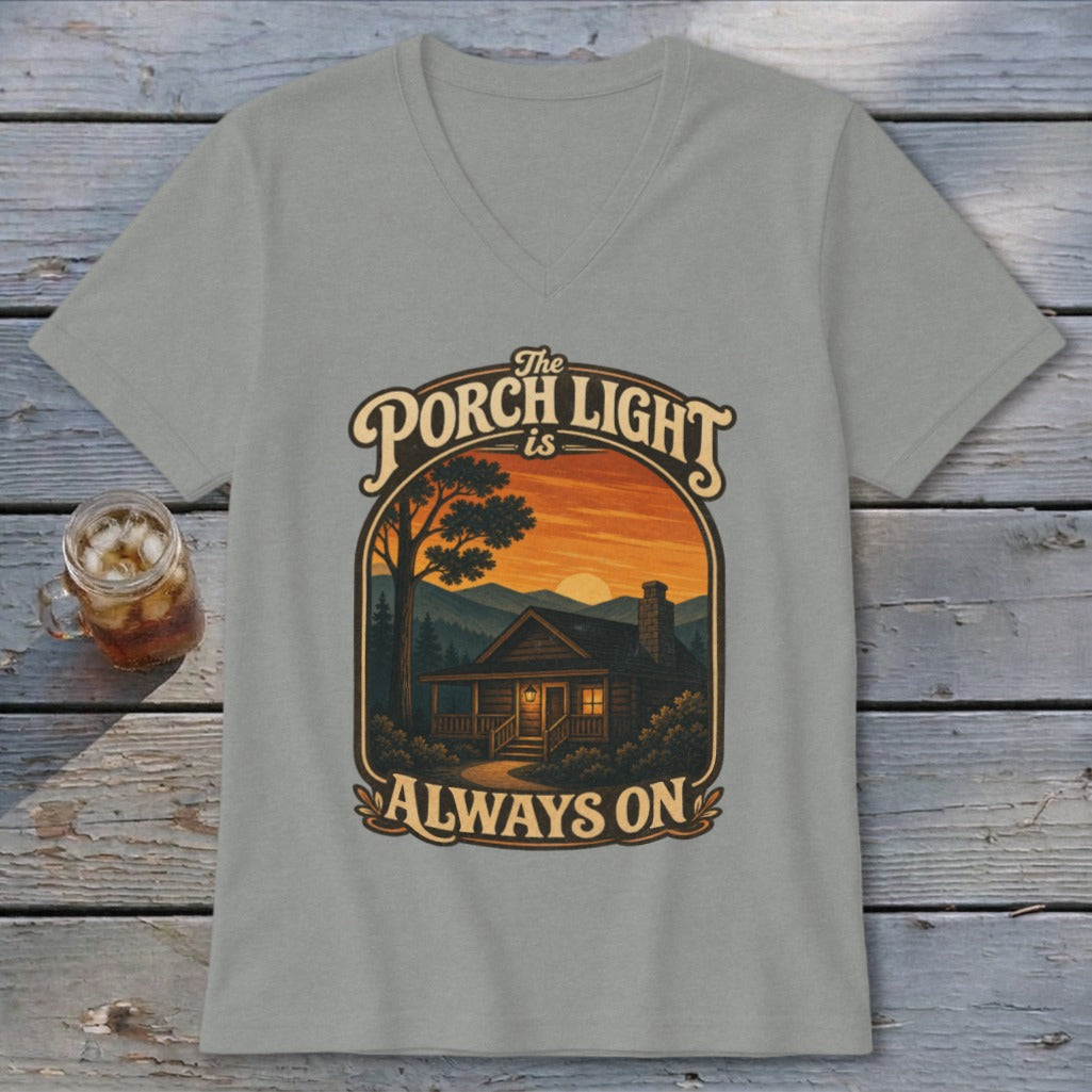 Gray t-shirt with "The Porch Light is Always On" text and a cabin scene.