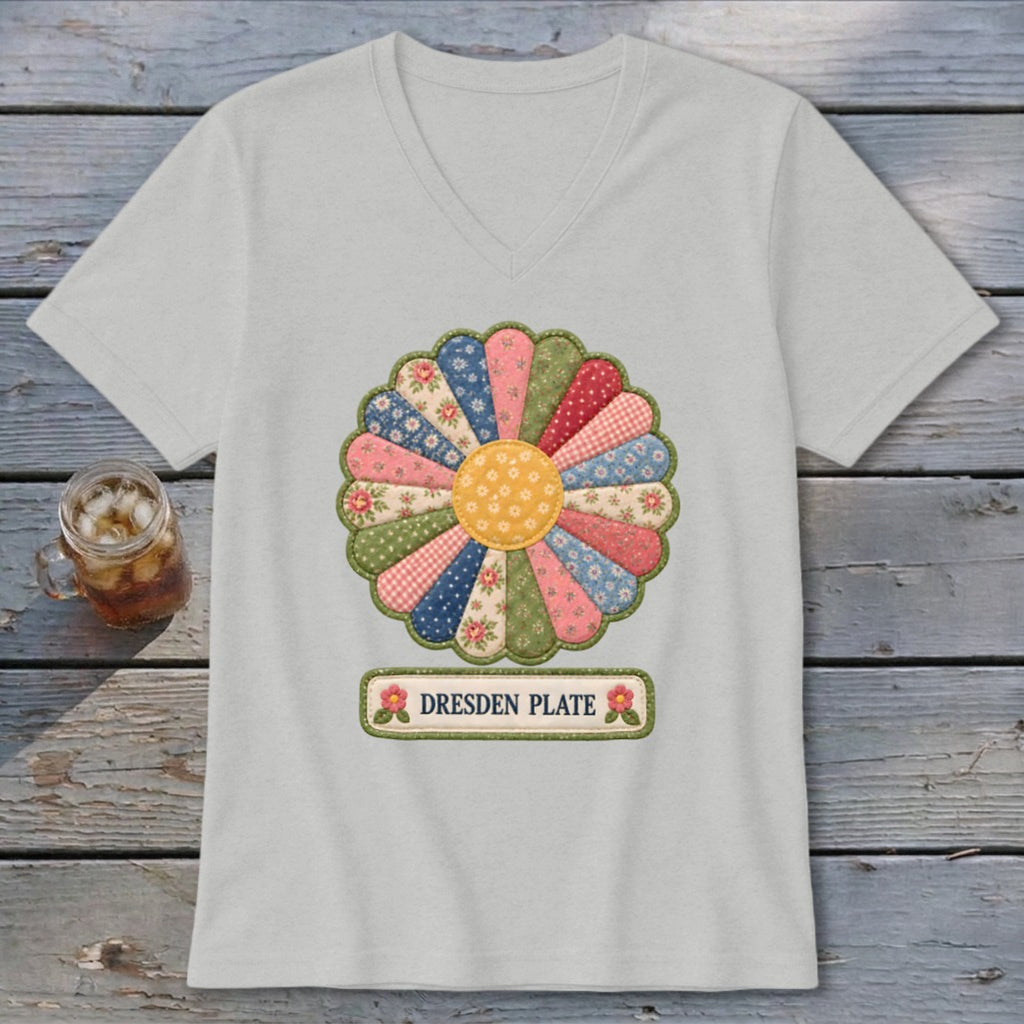 Light gray t-shirt with a colorful Dresden Plate quilt block design and "DRESDEN PLATE" text.