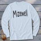 White long-sleeved shirt with "Mizewell" text in black brush strokes