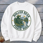White sweatshirt with a circular graphic of a bear fishing.