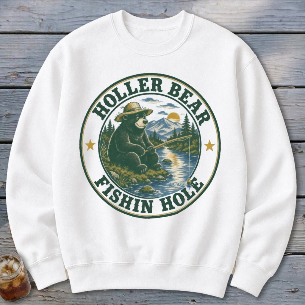 White sweatshirt with a circular graphic of a bear fishing.