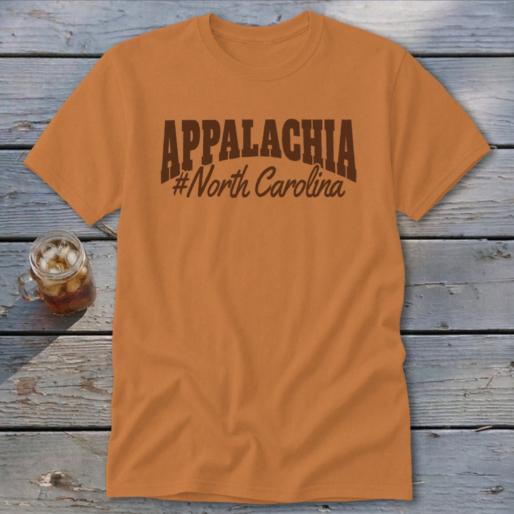 Orange t-shirt with "APPALACHIA #North Carolina" text in dark brown.