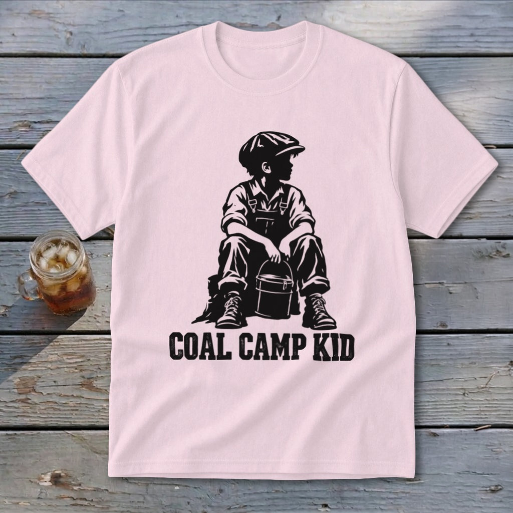 Pink t-shirt with black graphic of a boy in overalls and cap holding a bucket, text Coal Camp Kid.
