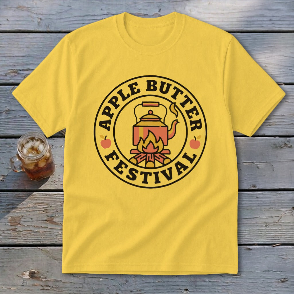 Yellow t-shirt with "Apple Butter Festival" text and kettle over campfire graphic.