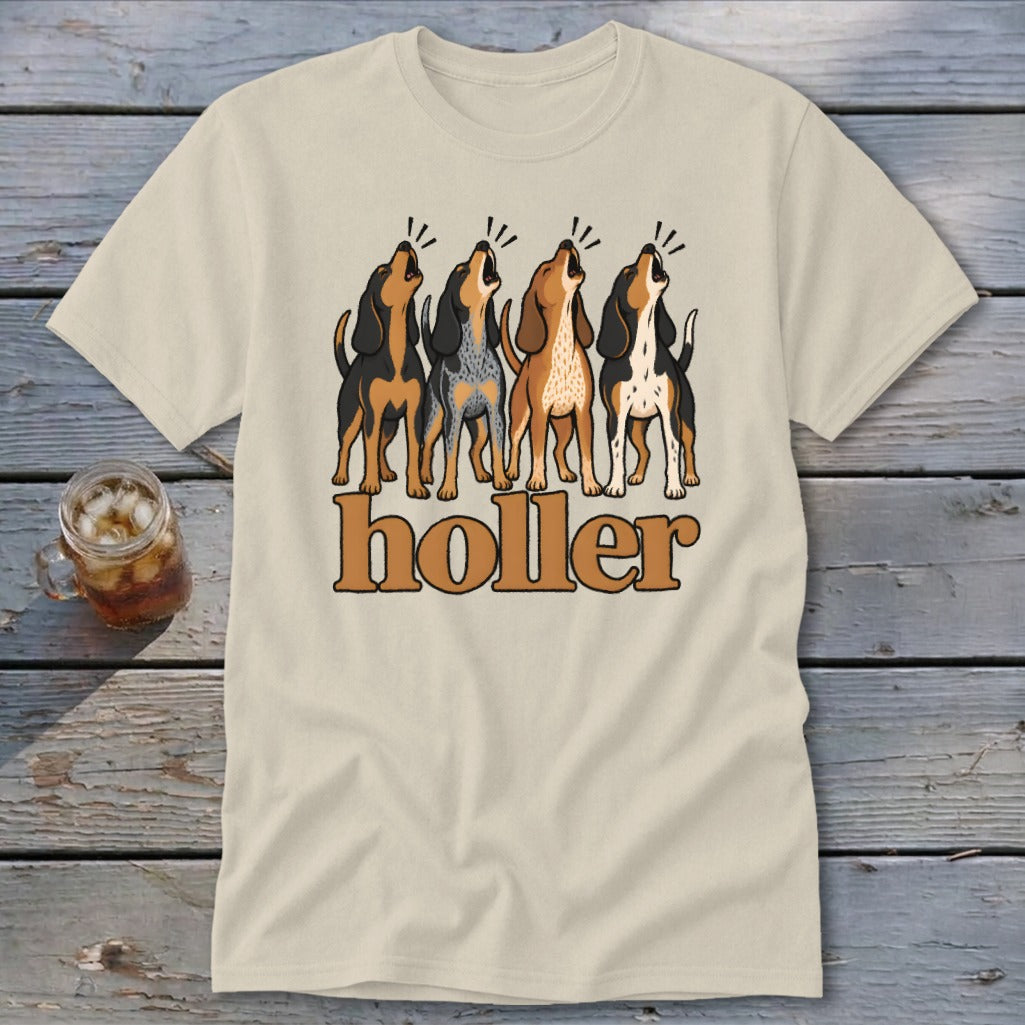 T-shirt with four howling dogs and the word "holler"