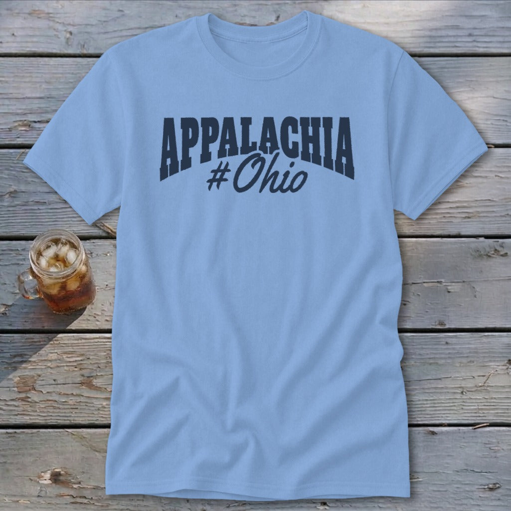 Light blue t-shirt with "APPALACHIA #Ohio" text in dark blue.
