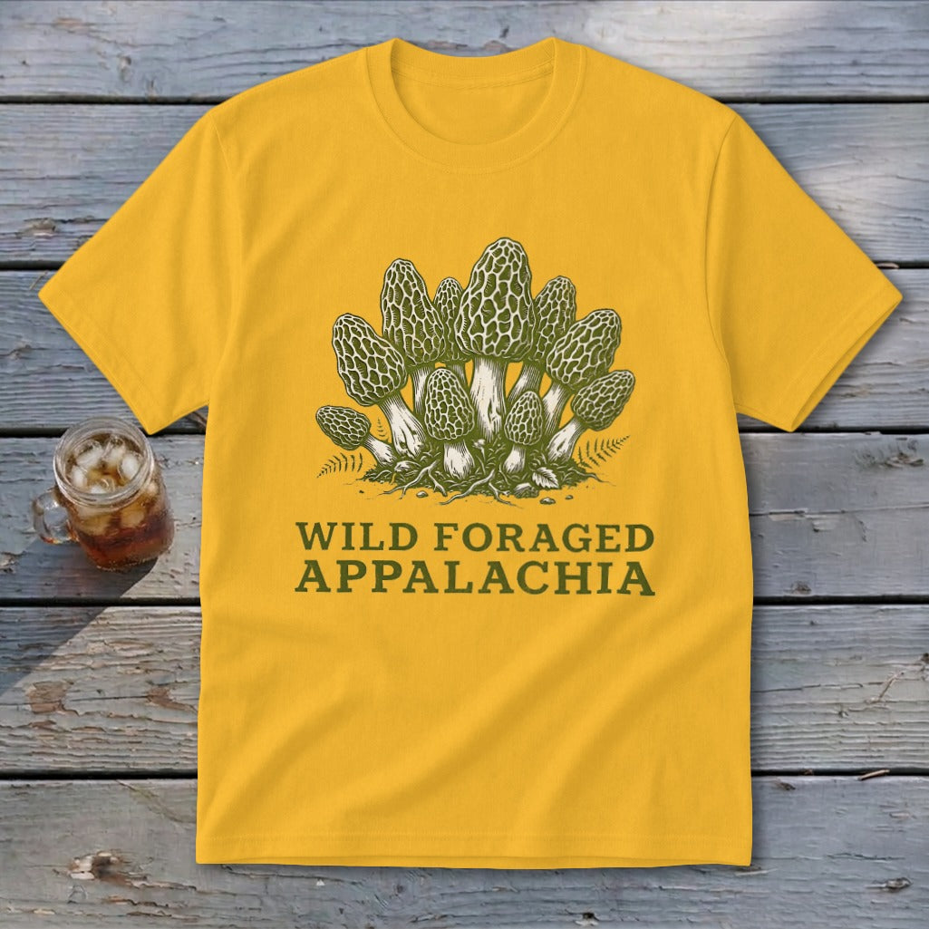Yellow t-shirt with a morel mushroom illustration and "Wild Foraged Appalachia" text.