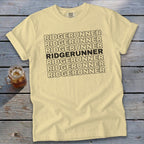 Yellow t-shirt with "RIDGERUNNER" text repeated in black on the front.