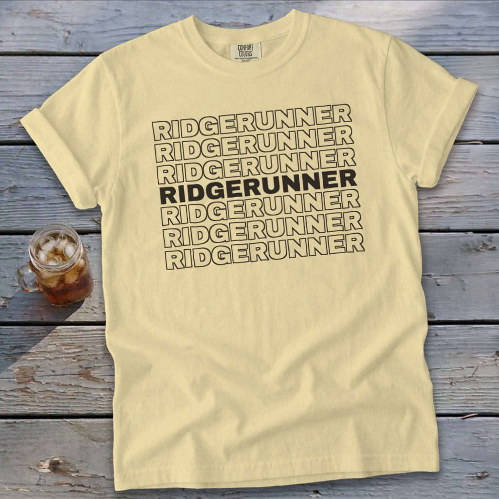 Yellow t-shirt with "RIDGERUNNER" text repeated in black on the front.