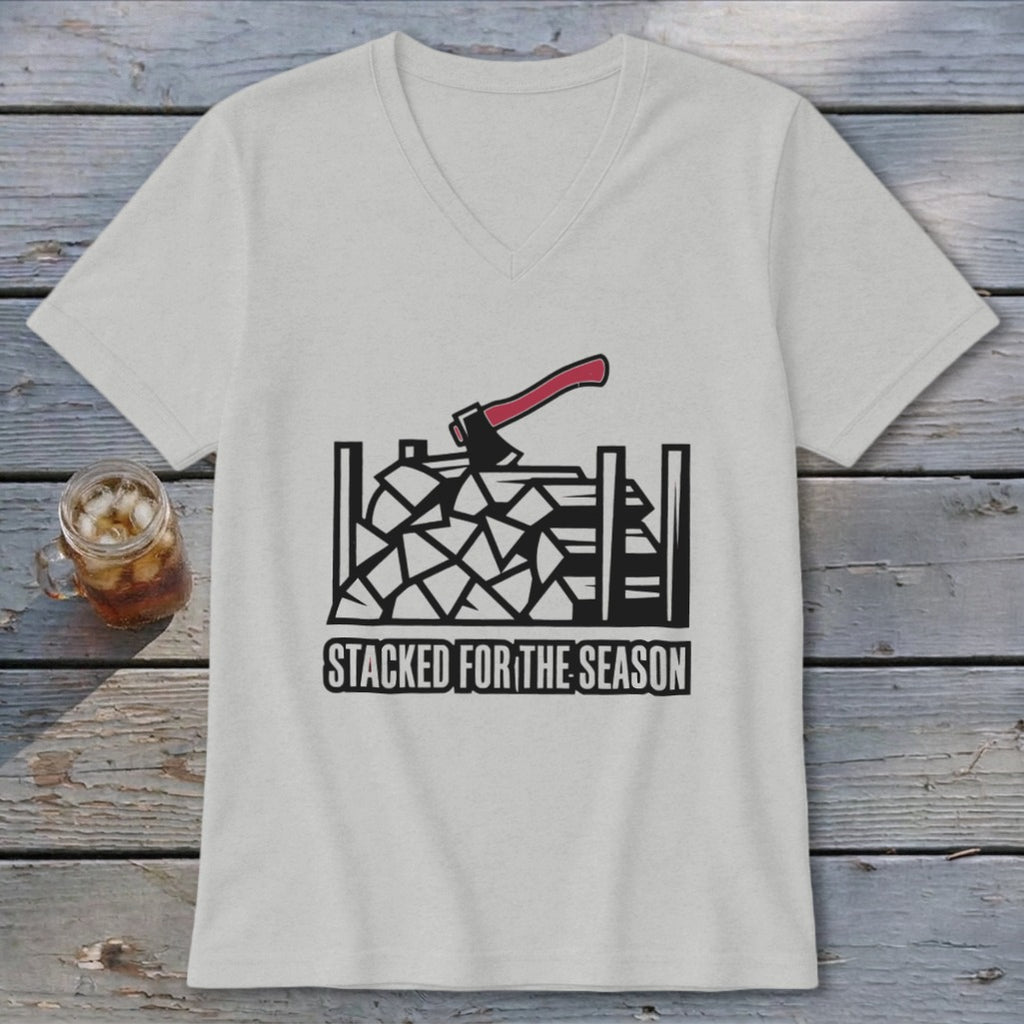 Gray t-shirt with firewood illustration and text "STACKED FOR THE SEASON".