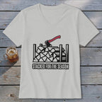 Gray t-shirt with firewood illustration and text "STACKED FOR THE SEASON".