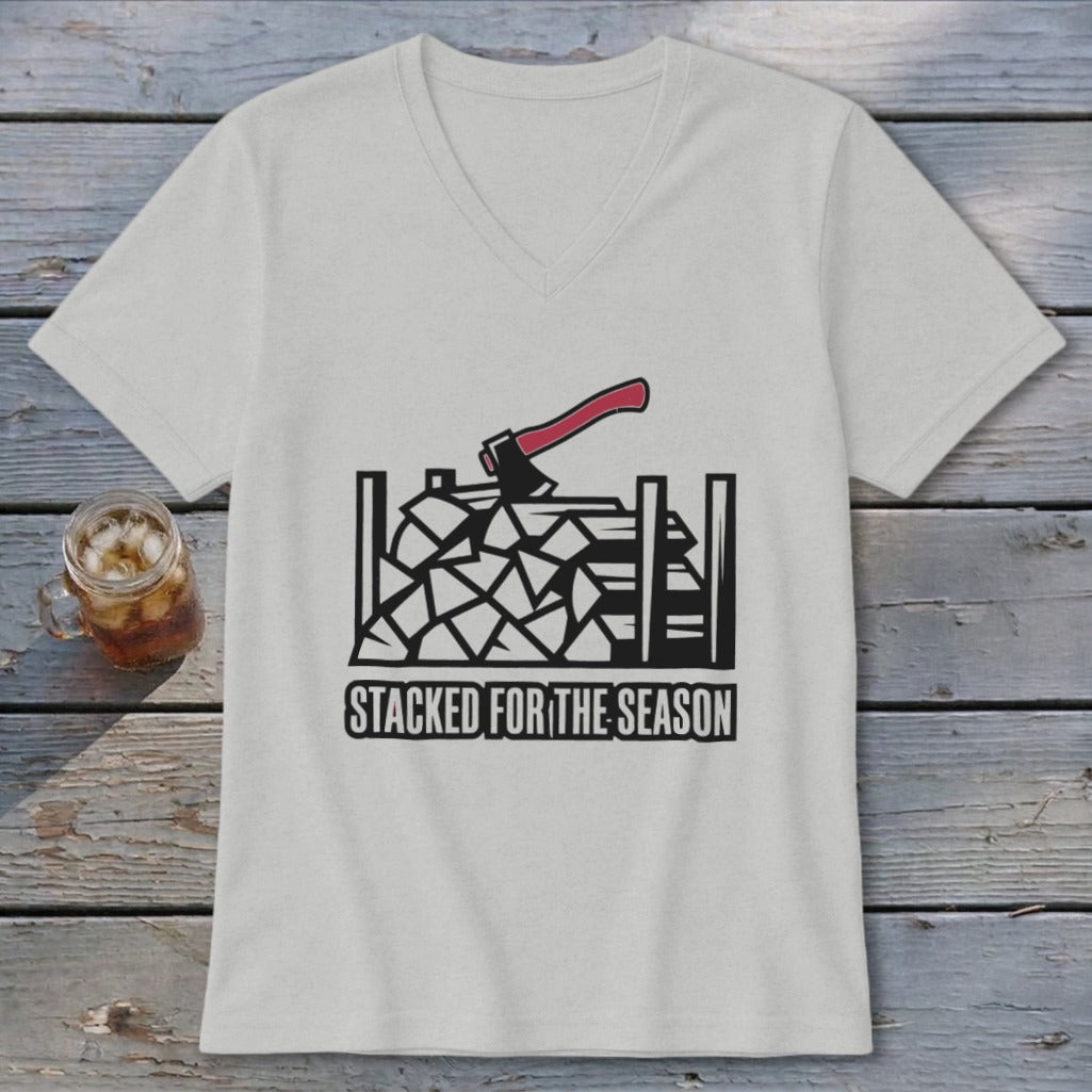 Gray t-shirt with firewood illustration and text "STACKED FOR THE SEASON".