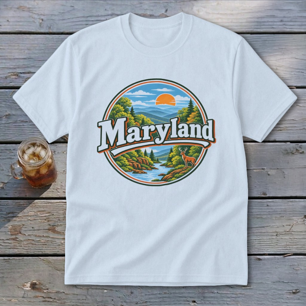 White t-shirt with a circular Maryland nature scene featuring mountains, trees, and a deer.