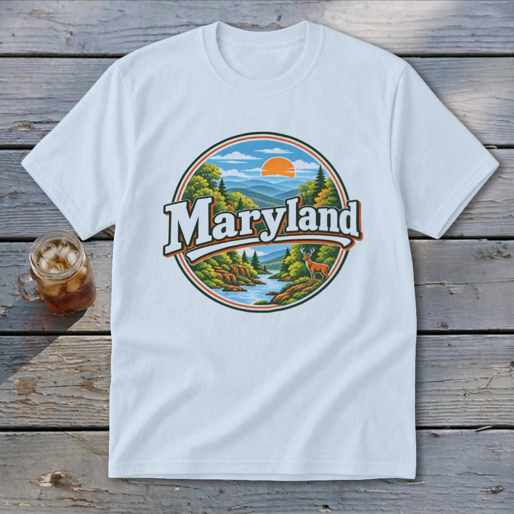 White t-shirt with a circular Maryland nature scene featuring mountains, trees, and a deer.