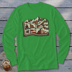 Bright green long-sleeve t-shirt with a graphic of mountains and a river on the chest.
