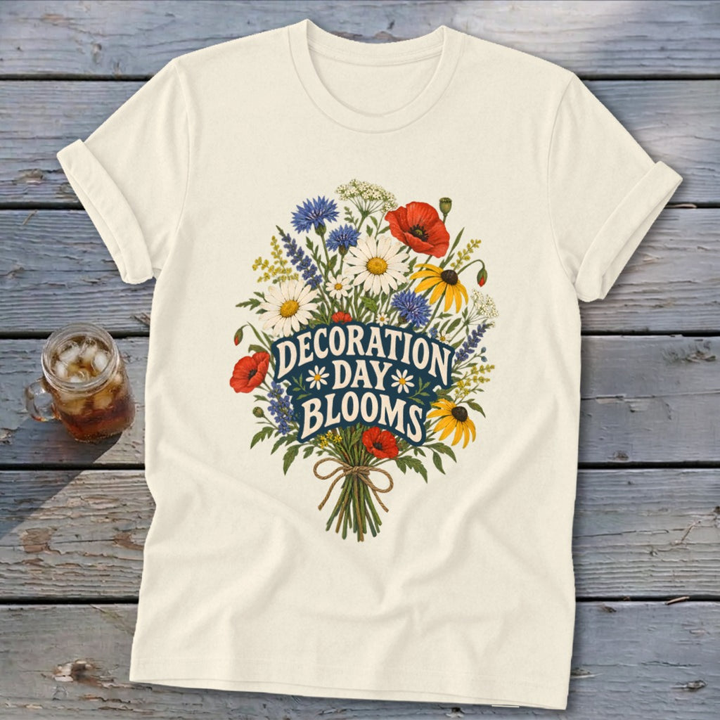 Cream t-shirt with "Decoration Day Blooms" text surrounded by a floral bouquet.