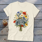 Cream t-shirt with "Decoration Day Blooms" text surrounded by a floral bouquet.