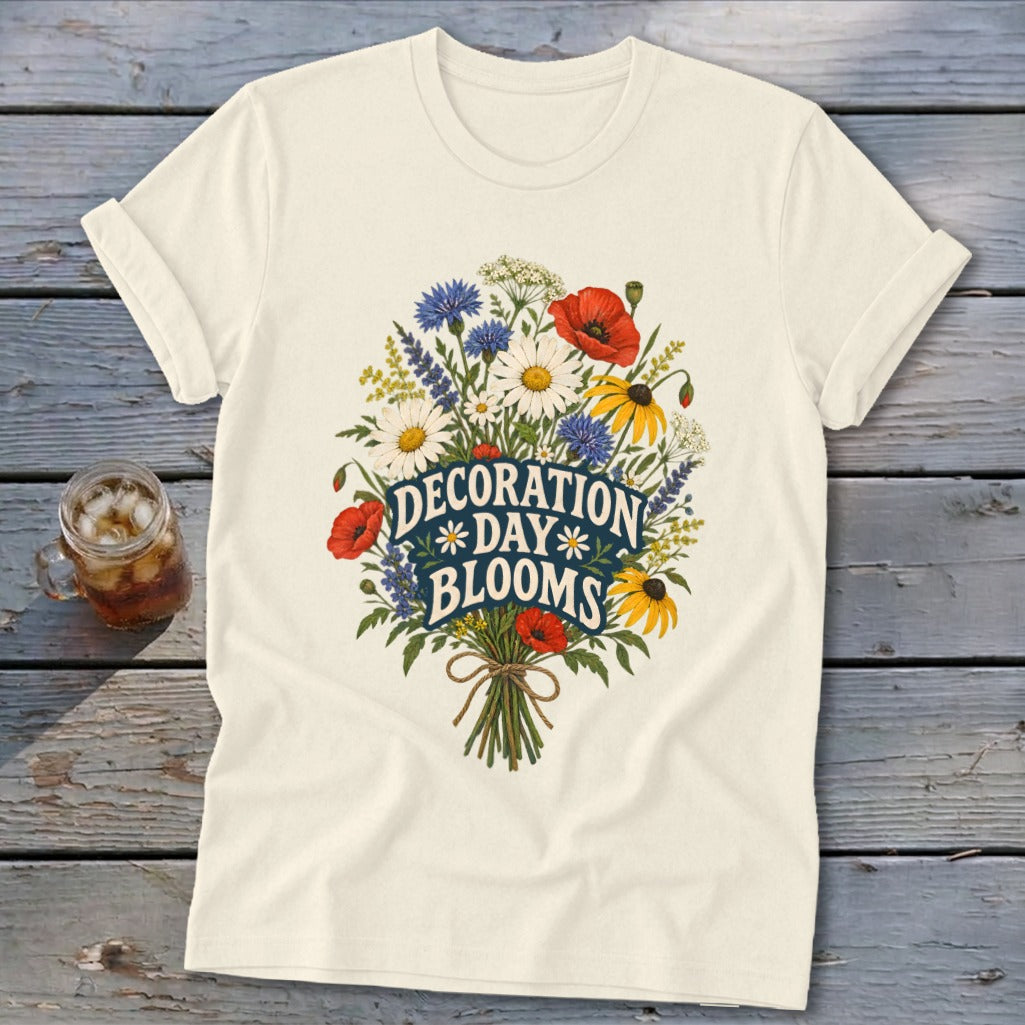 Cream t-shirt with "Decoration Day Blooms" text surrounded by a floral bouquet.