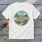 White t-shirt with a circular graphic of West Virginia landscape with a deer and river.
