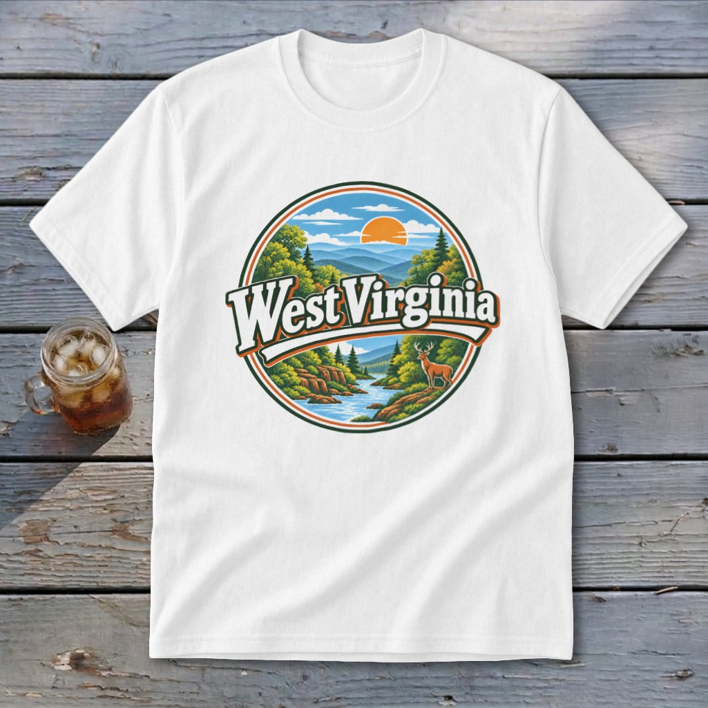 White t-shirt with a circular graphic of West Virginia landscape with a deer and river.