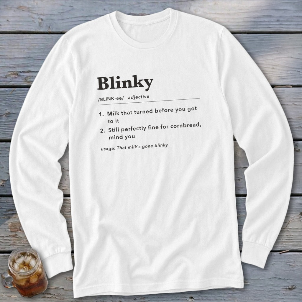 White long-sleeve shirt with "Blinky" definition printed on chest.