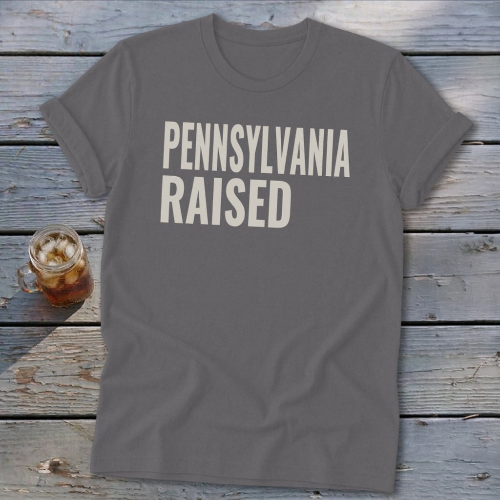 Grey t-shirt with "PENNSYLVANIA RAISED" text in off-white, seen with drink.