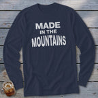 Navy long-sleeve shirt with "MADE IN THE MOUNTAINS" printed in white.