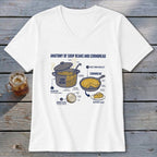White t-shirt with blue diagram of "Anatomy of Soup Beans and Cornbread."