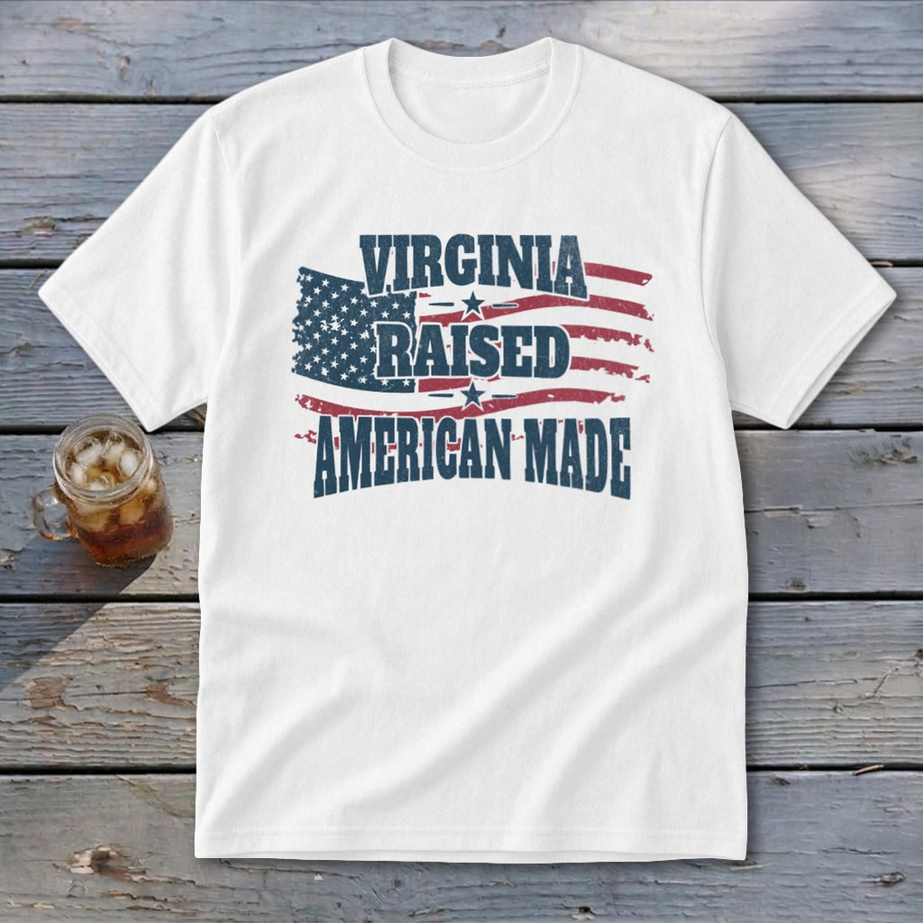 White t-shirt with distressed American flag and text "Virginia Raised American Made".