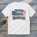 White t-shirt with distressed American flag and text "Virginia Raised American Made".