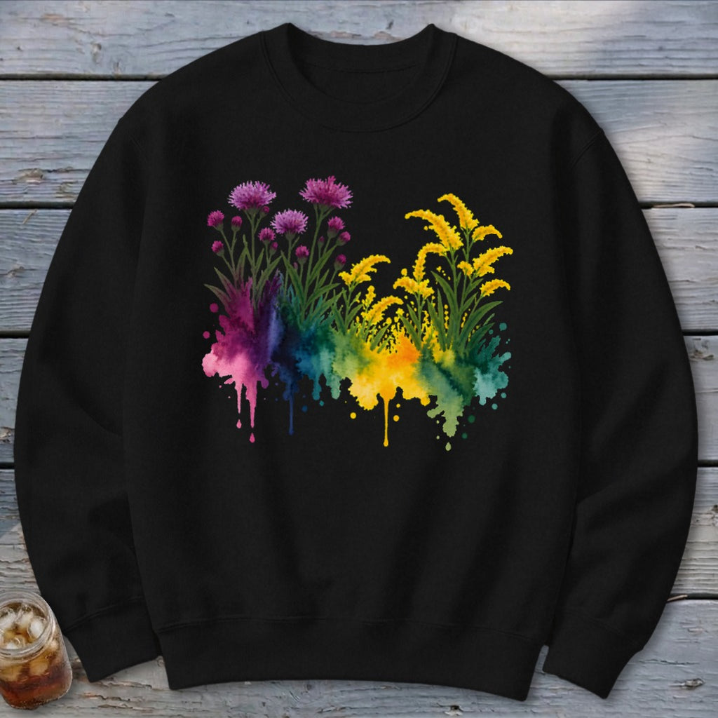 Black sweatshirt with watercolor floral design of purple and yellow wildflowers.