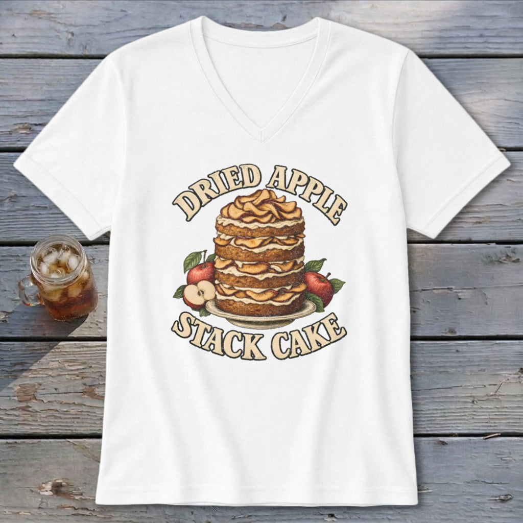 Dried Apple Stack Cake graphic with apples and leaves on a white shirt.